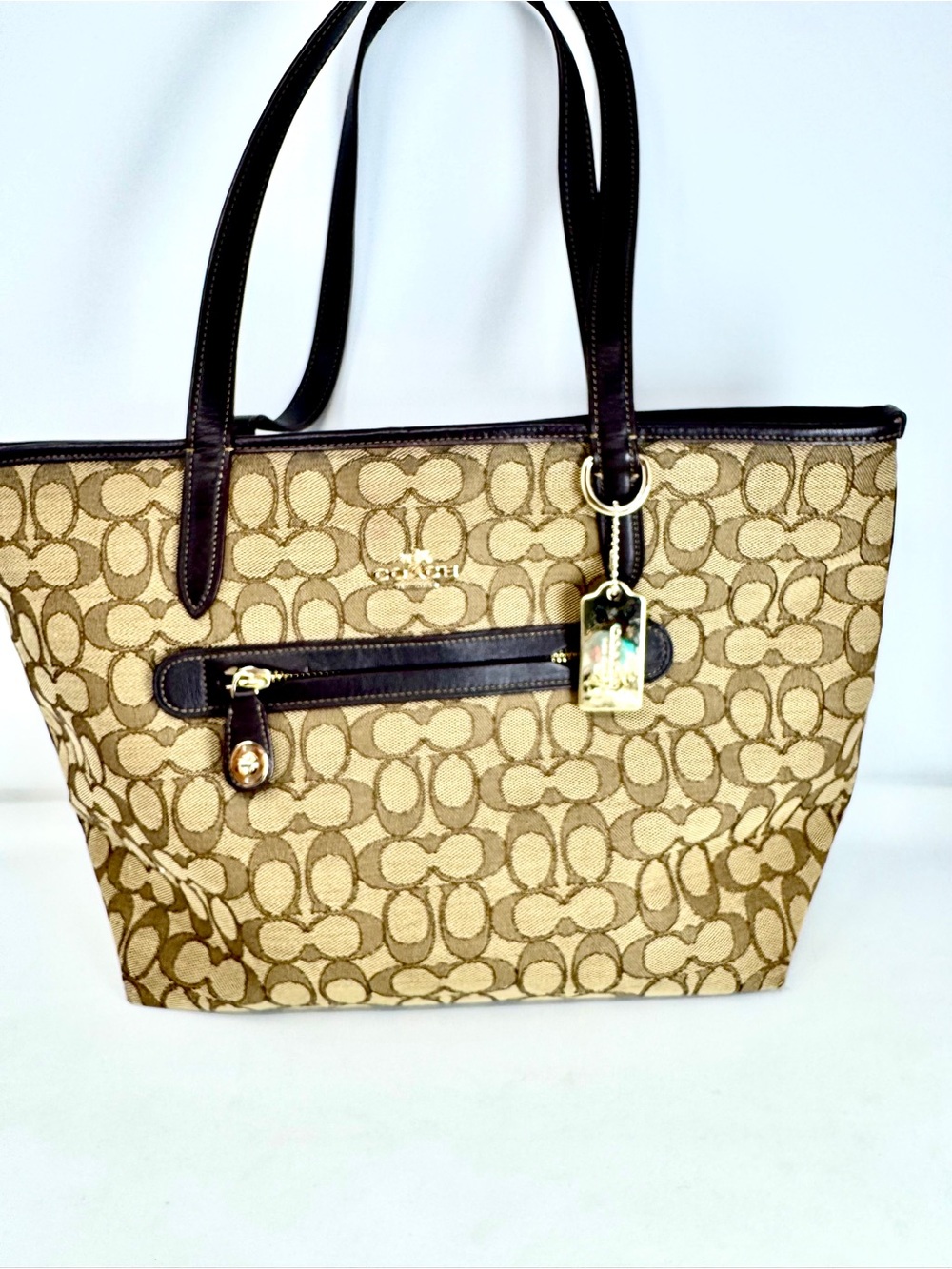 Coach Signature Taylor Tote Bag - Khaki & Brown Canvas - Excellent Condition